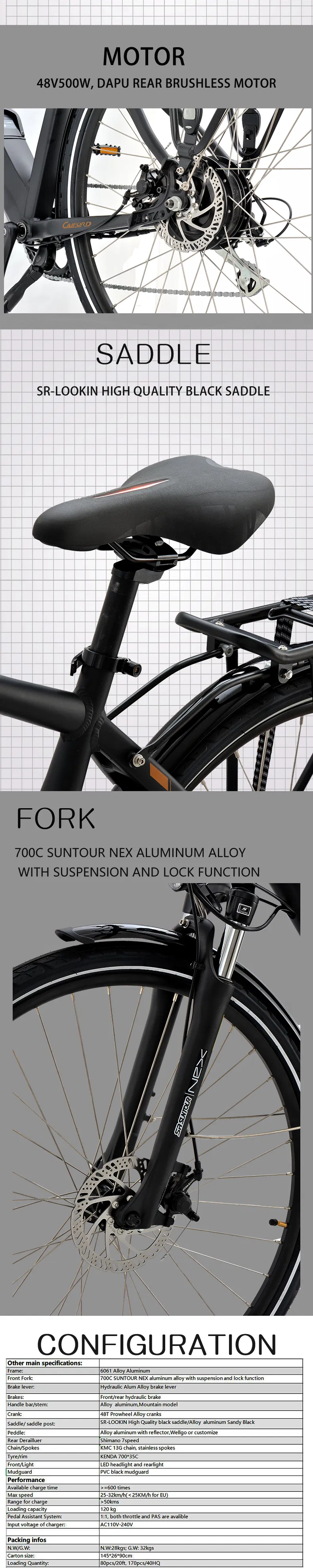 Economical Kenda 700*35c Shimano 7speed Rear Derailluer 48V500W Dapu Rear Brushless Motor 48V12.8ah Lithium Panosonic Battery