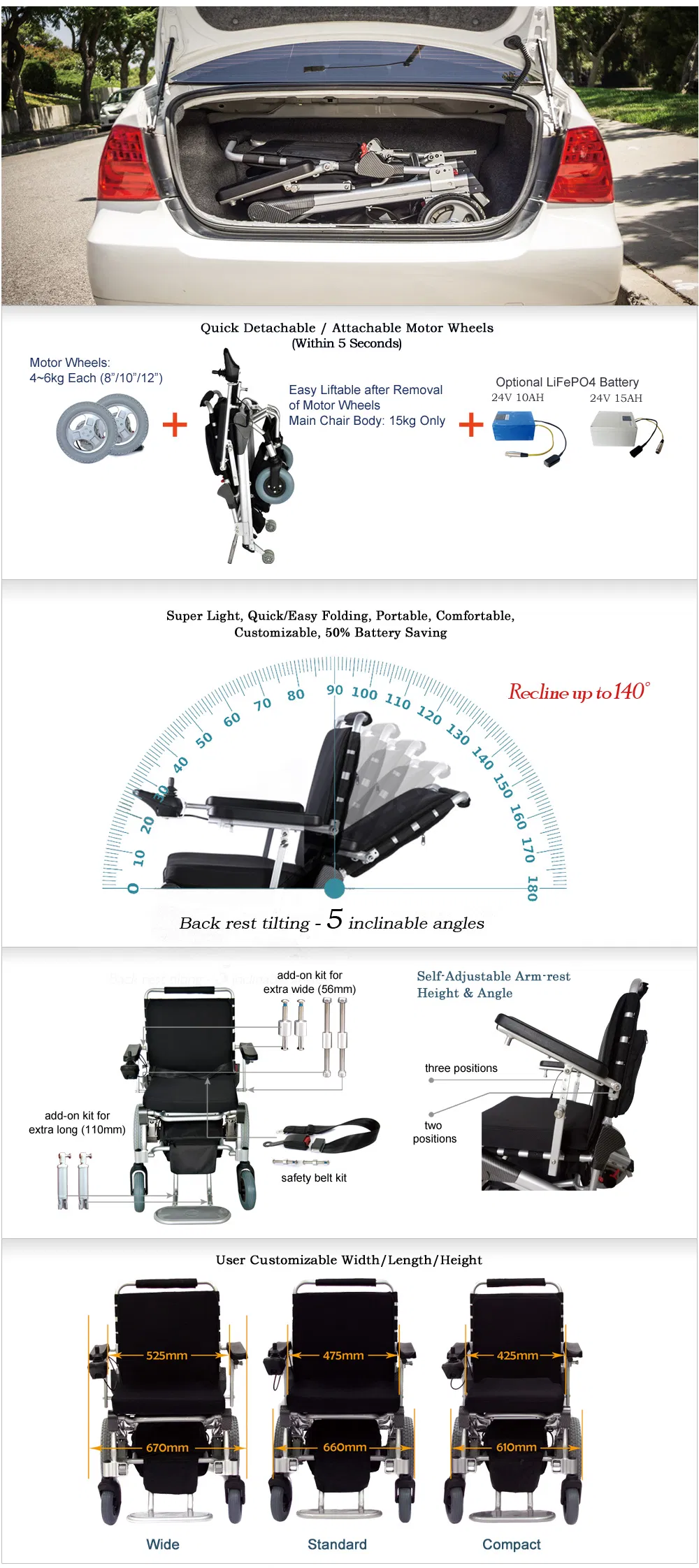 Lightweight Width Foldable Power CE Electric Wheelchair