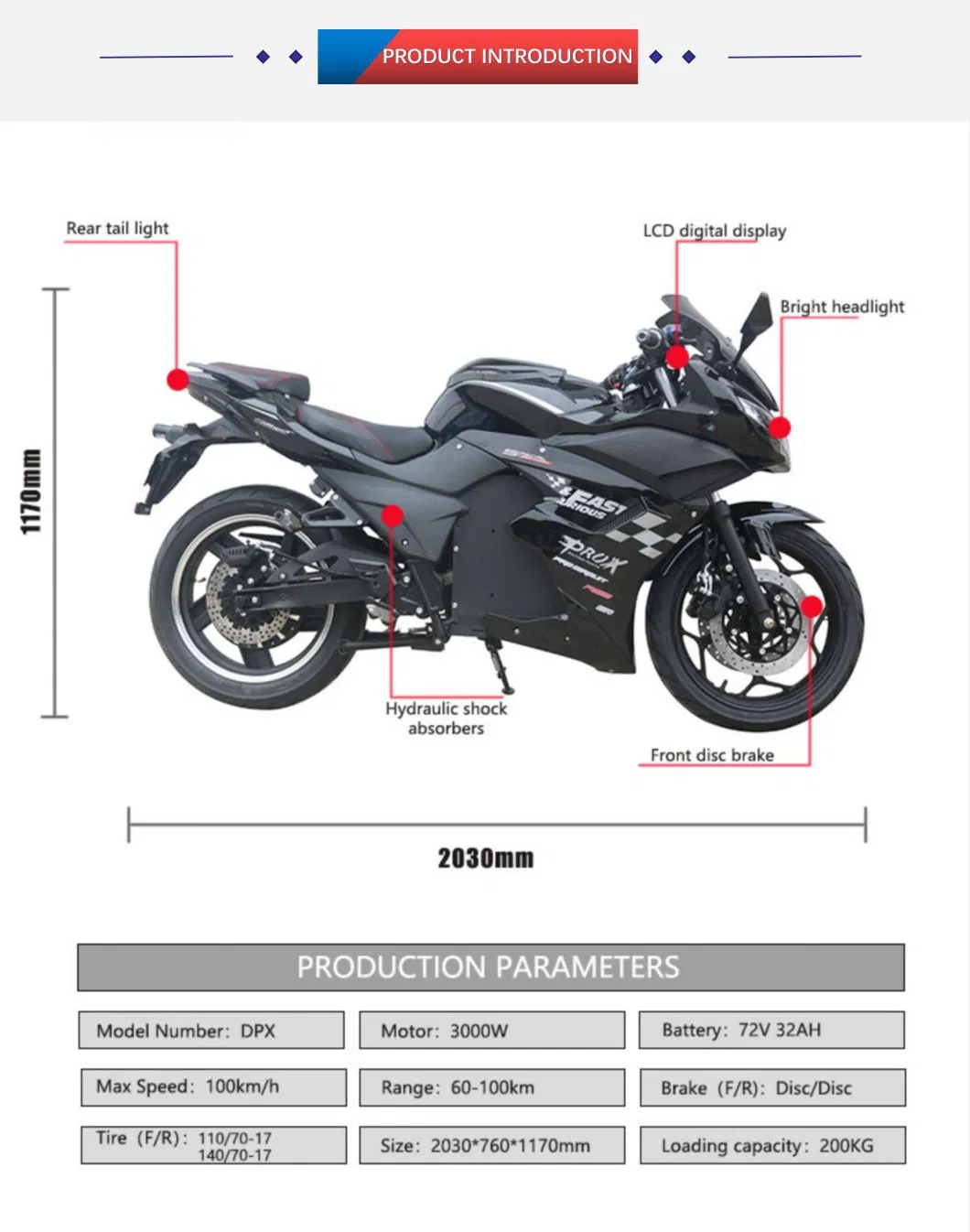 New Fashion 3000W Electric Motorcycle for Sale